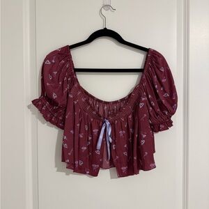 Women’s Burgundy Peasant Crop Top with Puff Sleeves